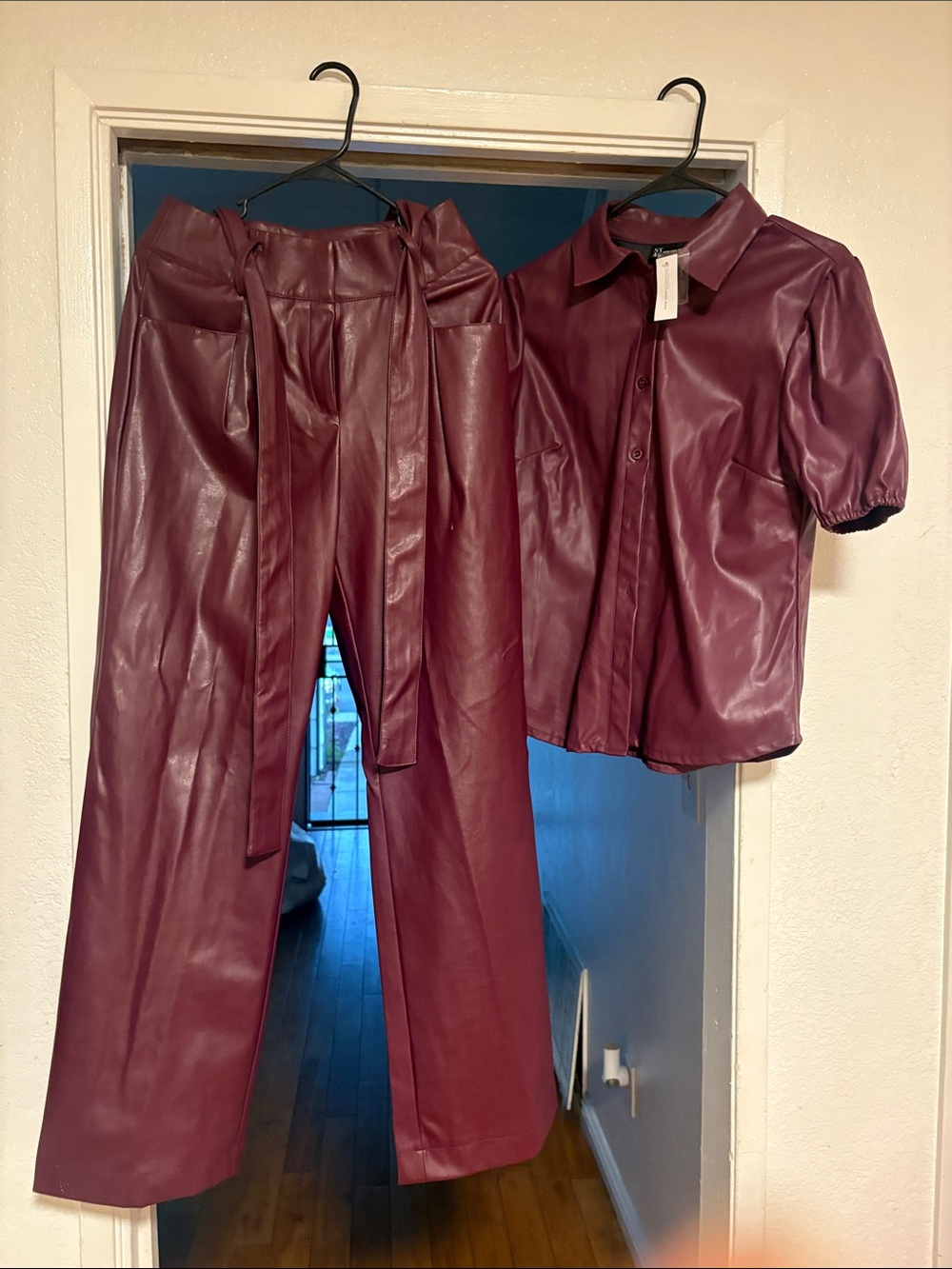New York & Company Burgundy Faux Leather Wide-Leg Pants